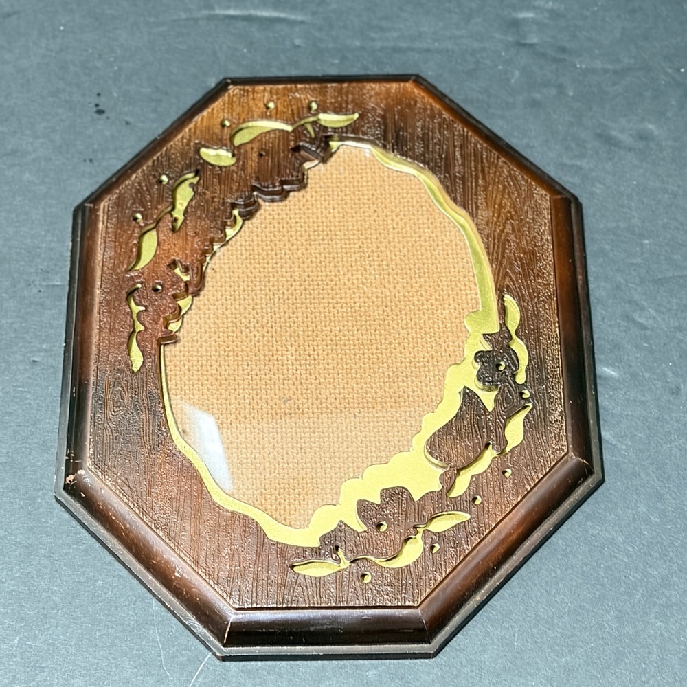 Vintage Octagonal Faux Wood Picture Frame Gold Floral Filigree 8x6.5
